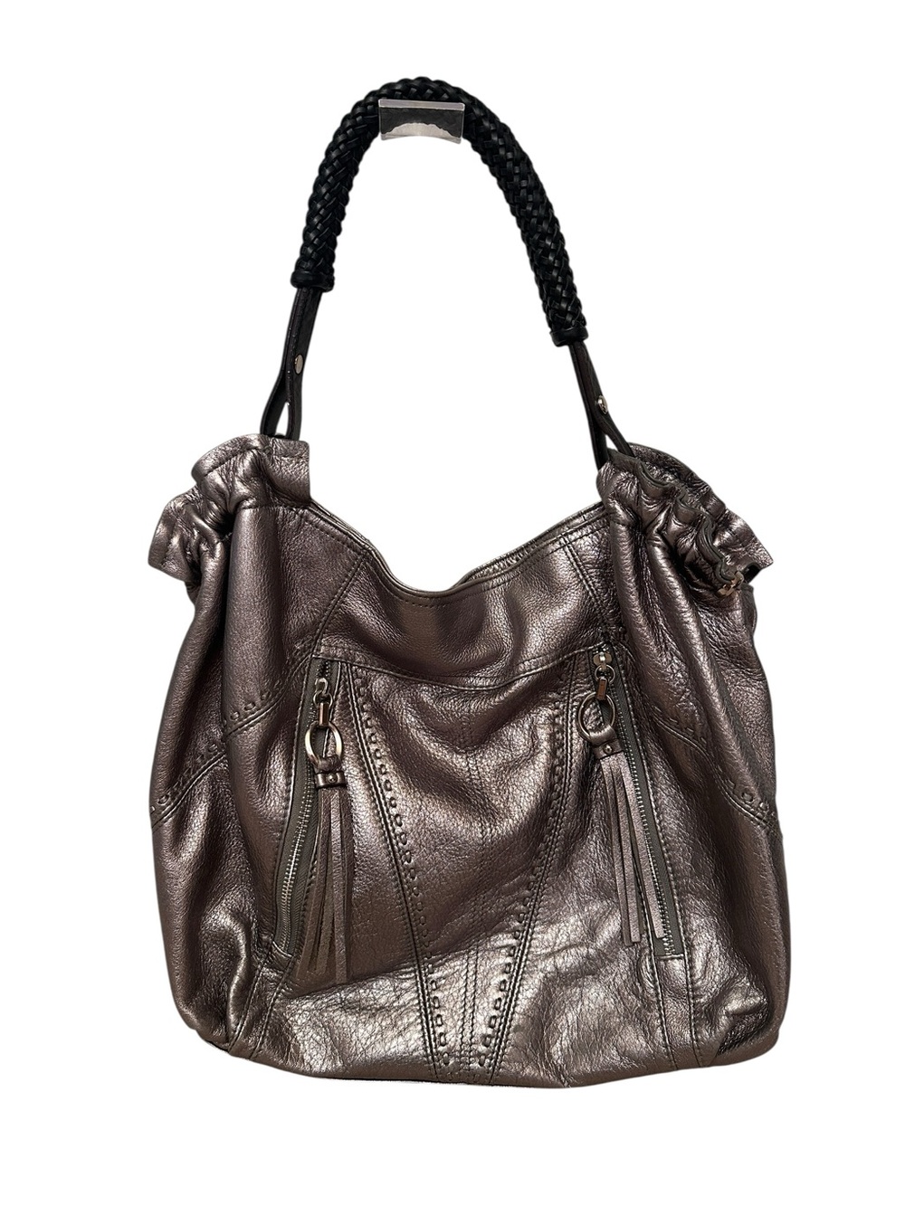 B. Makowsky Y2K Silver Metallic Leather Hobo Shoulder Bag Purse